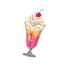 Ice cream with cherry, berry on top. Cold dessert, sundae, tasty sweet food for kids. Icecream in retro, vintage glass. Frozen milk with fruits in cup. Flat isolated vector illustration on white