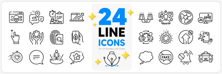 Icons set of Augmented reality, Air fan and Timer line icons pack for app with Text message, Delivery report, Inspect thin outline icon. Ecology app, Comic message, Candlestick chart pictogram. Vector
