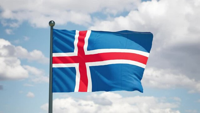 Icelandic flag flutters in the wind. Iceland national flag of european country. Cloudy sky background.