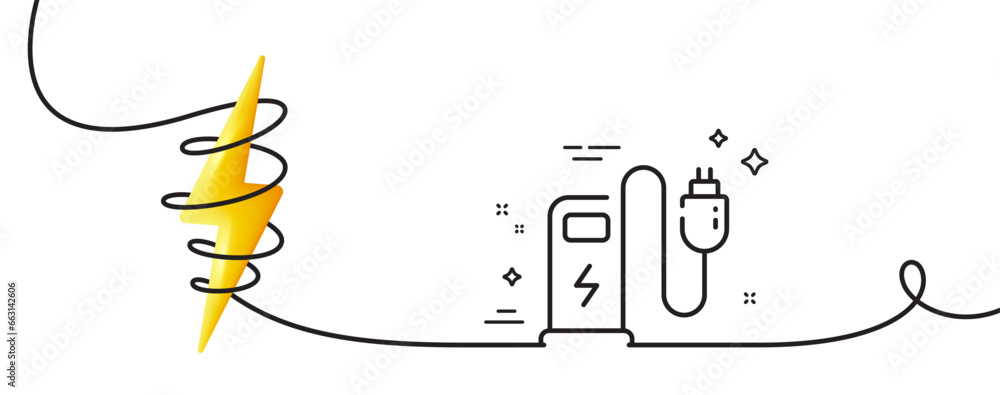 Poster charging station line icon. continuous one line with curl. car charge plug sign. electric power symb