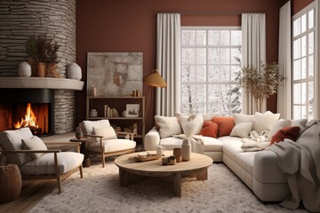Design a cozy, winter-themed living room with a focus on warm colors and textures