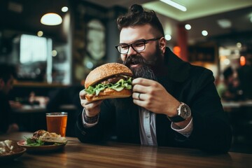 Bearded man eating yummy burger in cafe. Sit at pub bar handsome guy. Generate Ai