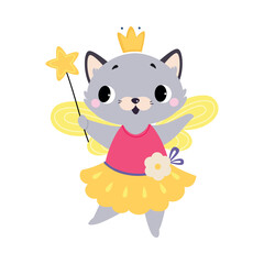 Cat Animal Fairy in Pretty Dress with Magic Wand and Wings Vector Illustration