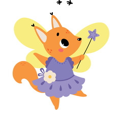 Fototapeta premium Squirrel Animal Fairy in Pretty Dress with Magic Wand and Wings Vector Illustration