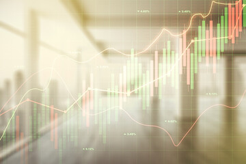 Multi exposure of virtual abstract financial graph interface on modern interior background, financial and trading concept