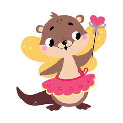 Beaver Animal Fairy in Pretty Dress with Magic Wand and Wings Vector Illustration