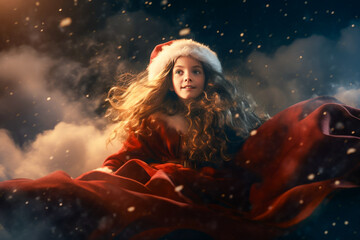 little girl flying in clouds in Santa costume in dreams. Christmas fairytale. Christmas time