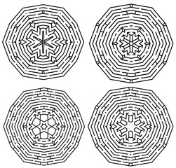 a set of four mazes with six-pointed star patterns