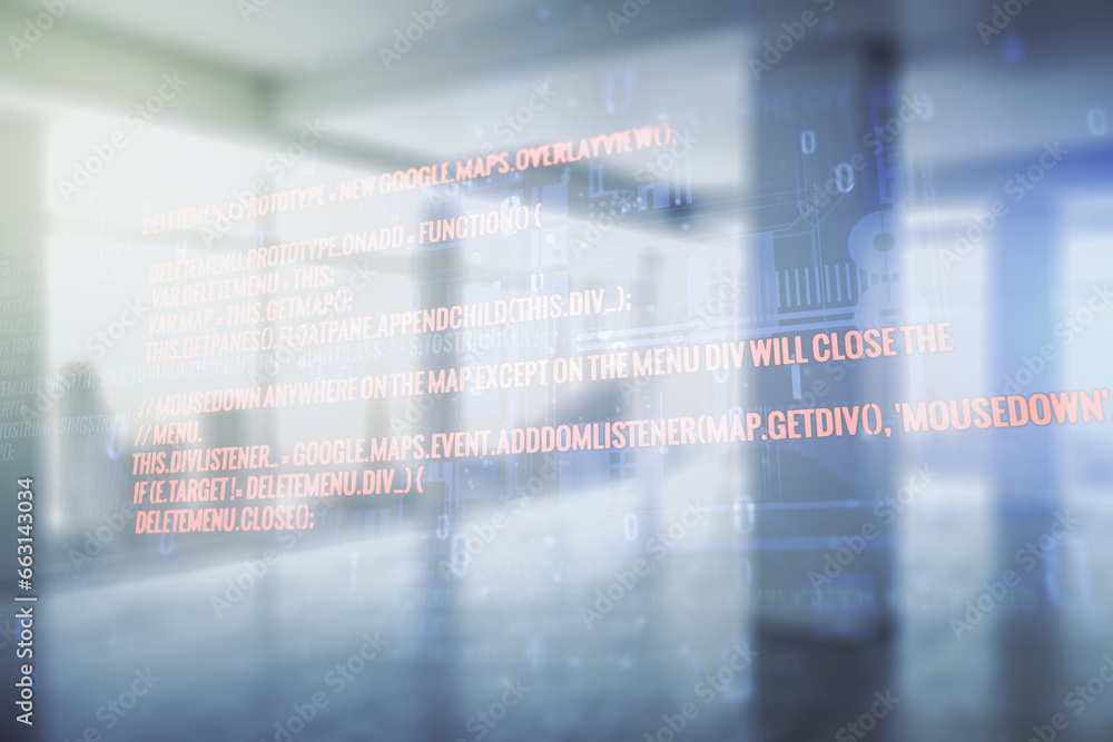 Poster multi exposure of abstract software development hologram on empty modern office background, research