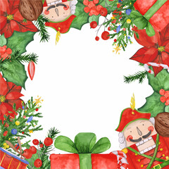 Poinsettia, Christmas tree, nutcracker, drums, nut, and gift box frame clipart. Christmas square template isolated on a white. Red and green vector floral frame with empty space in the center.