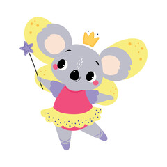 Koala Animal Fairy in Pretty Dress with Magic Wand and Wings Vector Illustration