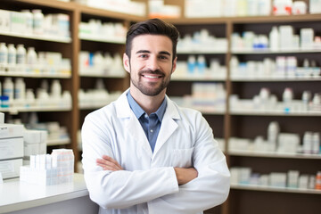 Portrait of a smiling confident male pharmacist working in a pharmacy. Standing with arms crossed in the drugstore.  - obrazy, fototapety, plakaty