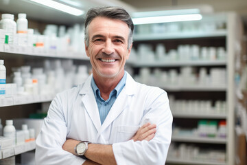 Fototapeta premium Portrait of a smiling confident male pharmacist working in a pharmacy. Standing with arms crossed in the drugstore. 