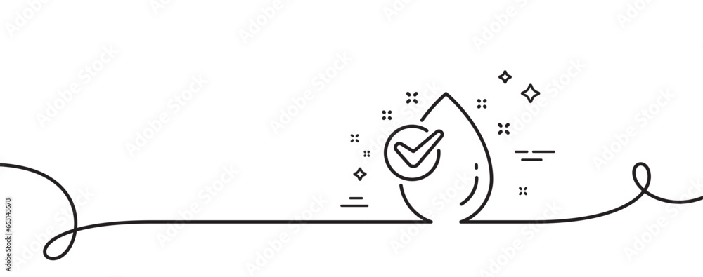 Poster water drop line icon. continuous one line with curl. clean aqua with check sign. liquid symbol. wate