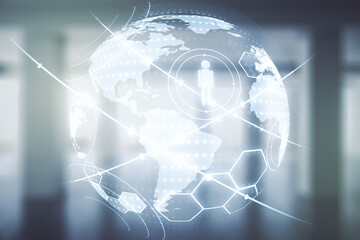 Virtual social network hologram and world map on empty corporate office background. Multiexposure