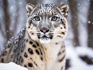 Big white snow leopard in the forest at winter. Generative Ai