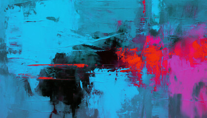 Fototapeta premium Abstract oil painting, neon red, pink, blue brush strokes background, wallpaper, paint texture, bold art, expressive artwork, fine realistic detail, modern style, evoking vibrant emotions, feelings