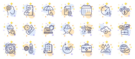 Outline set of First aid, Fingerprint and Inspect line icons for web app. Include Thermometer, Timer, Calendar pictogram icons. Covid test, Risk management, Buying currency signs. Vector