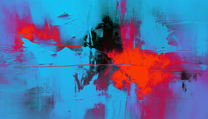 Fototapeta premium Abstract oil painting, neon red, pink, blue brush strokes background, wallpaper, paint texture, bold art, expressive artwork, fine realistic detail, modern style, evoking vibrant emotions, feelings
