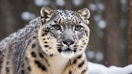 Obraz premium Big white snow leopard in the forest at winter. Generative Ai