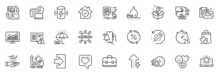 Icons pack as Instruction manual, Dao and Spanner line icons for app include Login, House security, Dishwasher timer outline thin icon web set. Best laptop, Home insurance, Portfolio pictogram. Vector