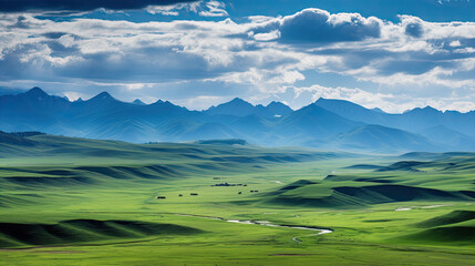 Sweeping vista landscape of the Assy Plateau, a large mountain steppe valley and summer pasture 100km from Almaty, Kazakhstan. - obrazy, fototapety, plakaty