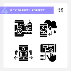 Fototapeta premium 2D pixel perfect glyph style icons collection representing VR, AR and MR, silhouette illustration.