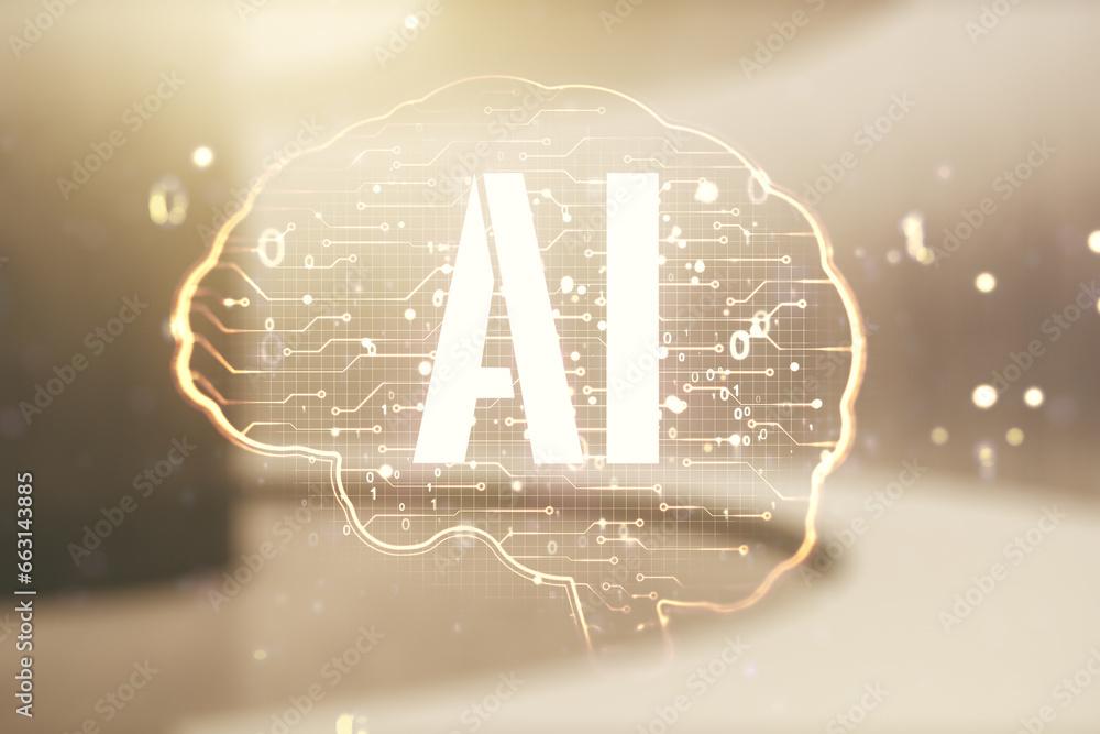 Poster double exposure of creative artificial intelligence interface on empty modern office background. neu