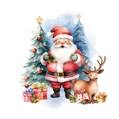 Christmas watercolor painting. Santa Claus, Reindeer, Snowman, Christmas Tree, and Presents. Isolated background.