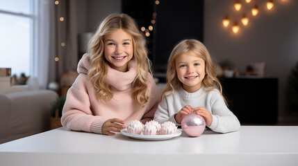 Obraz na płótnie Canvas Holiday Happiness: Blonde Sisters in Pastel Pink Winter Attire within Family Festive Indoor Scene. Christmas Cheer: Radiant Blonde Sisters in Pastel Pink Winter Clothing, Indoors.