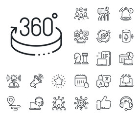 VR simulation sign. Place location, technology and smart speaker outline icons. 360 degrees line icon. Panoramic view symbol. 360 degrees line sign. Influencer, brand ambassador icon. Vector