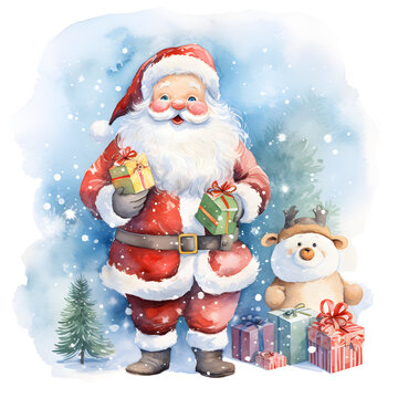 Christmas watercolor painting. Santa Claus, Reindeer, Snowman, Christmas Tree, and Presents. Isolated background.