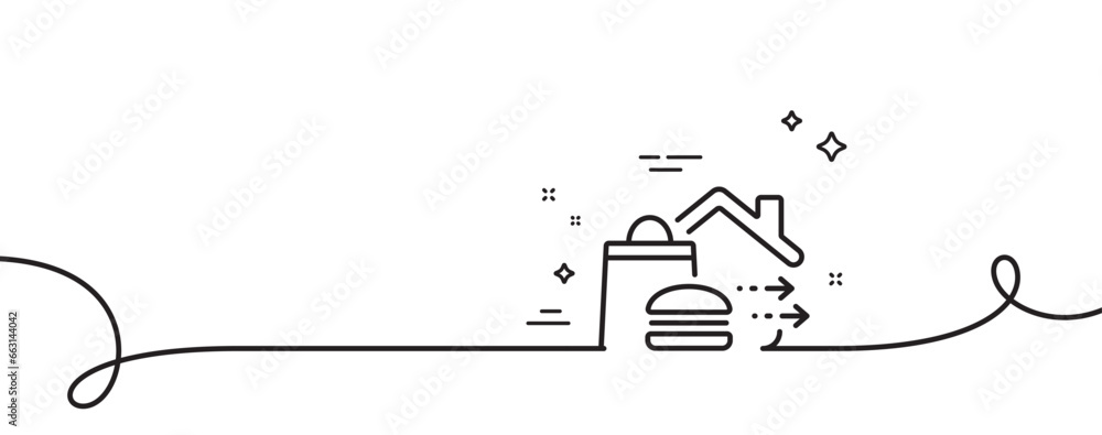 Poster food delivery line icon. continuous one line with curl. burger meal sign. catering service symbol. f