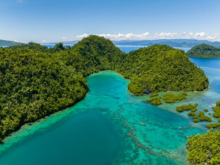 Fototapeta na wymiar Turquoise water in lagoon with coral reefs in Tinago Island. Mindanao, Philippines.