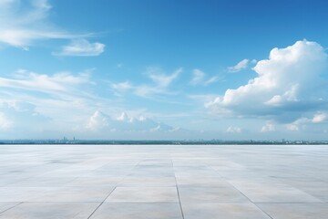 Blue Sky Background Cloud Horizon with Empty Concrete Floor. Generative AI. - obrazy, fototapety, plakaty