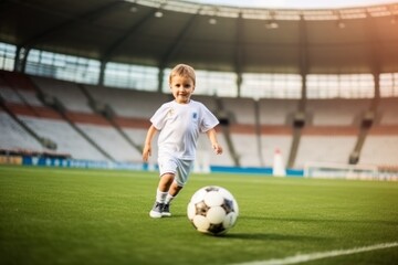 Dribbling small boy plays football in stadium. Generative AI.
