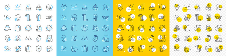 Vector icons set of Problem skin, Sunscreen and Shirt line icons pack for web with Skin care, Uv protection, 24 hours outline icon. Hoody, Vitamin b6, Lingerie pictogram. Vector