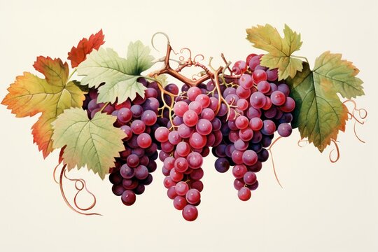 Artistic watercolor painting of red grapes with leaf adornments. Generative AI