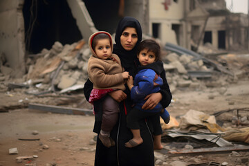 Mother and her two children in destroyed city during war. - obrazy, fototapety, plakaty