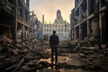 Back view of a sad man in destroyed city during war. - obrazy, fototapety, plakaty