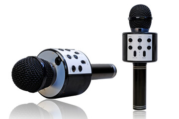 Wireless microphone with speaker isolated on white background with reflections