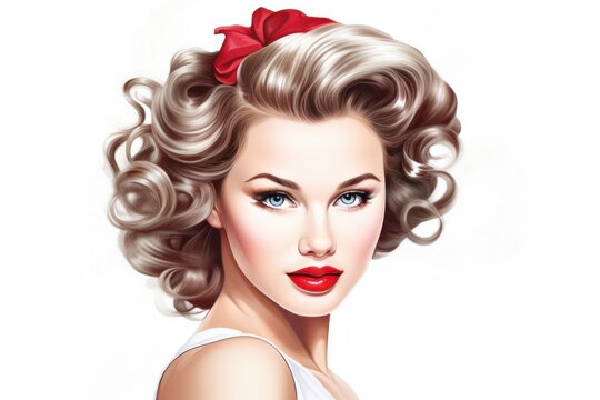 Beautiful blonde girl smiling in pinup style. Attractive pretty female adult. Generate Ai