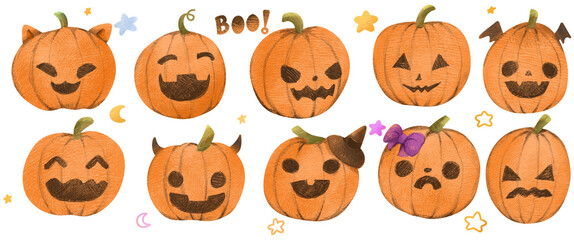 Set of cute spooky elements Halloween pumpkins with face expression illustration watercolor and pencil for children, card, decoration, sticker