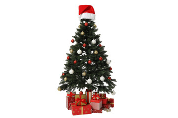PNG,Christmas tree with gifts and a festive hat, isolated on white background