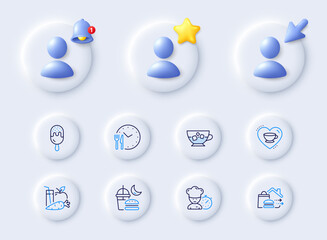 Naklejka premium Love coffee, Food delivery and Ice cream line icons. Placeholder with 3d cursor, bell, star. Pack of Food time, Juice, Cold coffee icon. Night eat, Chef pictogram. For web app, printing. Vector