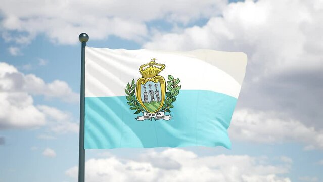 San Marino flag flutters in the wind. 
San Marino national flag of european country. Cloudy sky background.