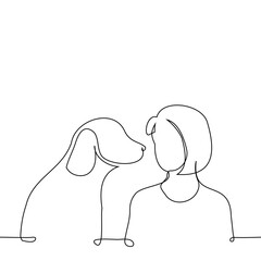 silhouettes of a woman and a golden retriever looking at each other - one line art vector. owner and dog concept
