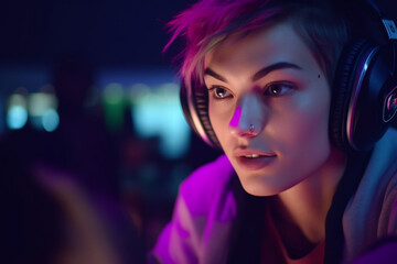 Close Up Portrait of a Stylish Young Female with Short Hair Playing Online Computer Video Game in the Evening at Home, Gamer Discussing Tactics with Teammates while Talking into Headset