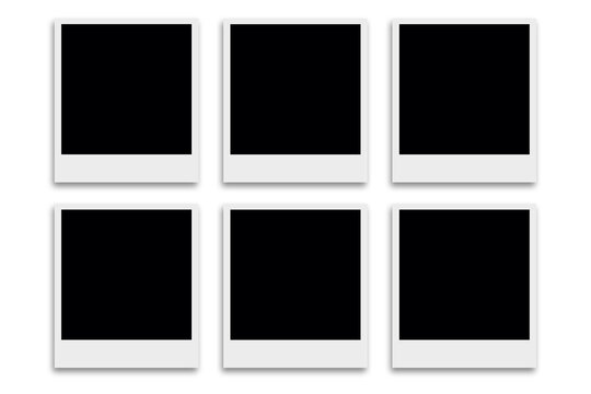 6 Blank square photo frames template with white borders in two rows layout. Used as a printable photo collage or a mock up for album pictures or photographs collection in a classic old style.