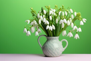 Beautiful snowdrops in ceramic vase on table. Floral romantic decoration garden. Generate Ai